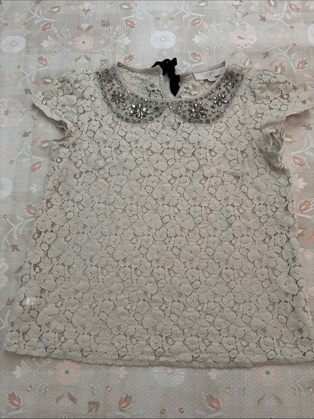 LOFT Cream Lace Top with Jeweled Peter Pan Collar XXSP
